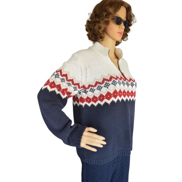 Vintage y2k Eddie Bauer Quarter Zip Knit Preppy Winter Sweater Navy Blue Size M - Picture 2 of 10